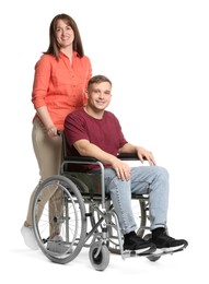 Caregiver with man in wheelchair on white background