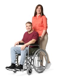 Photo of Caregiver with man in wheelchair on white background