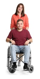 Caregiver with man in wheelchair on white background