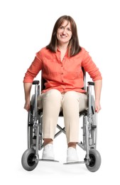 Photo of Smiling woman in wheelchair on white background