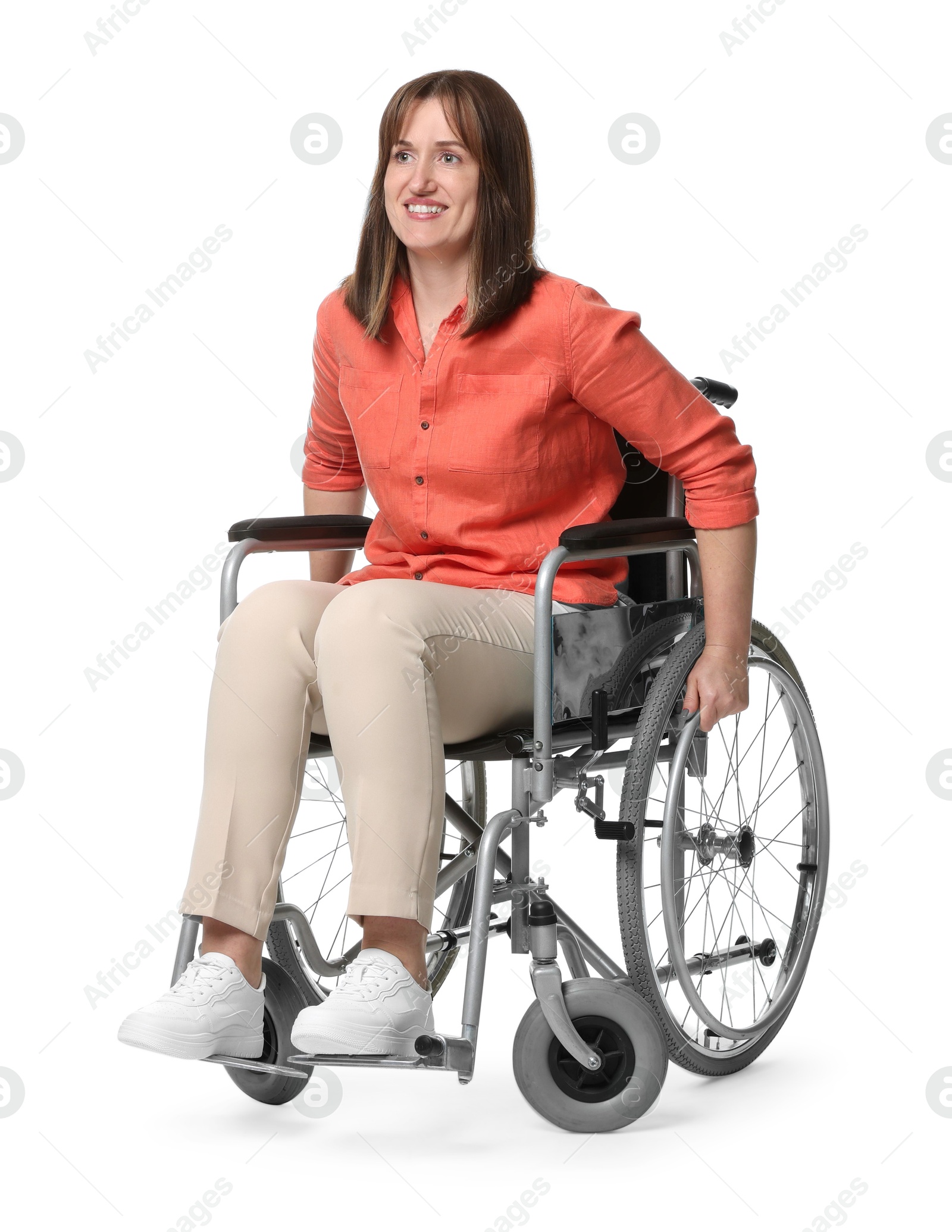 Photo of Smiling woman in wheelchair on white background