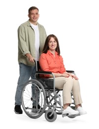 Photo of Caregiver with woman in wheelchair on white background