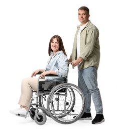 Photo of Caregiver with woman in wheelchair on white background