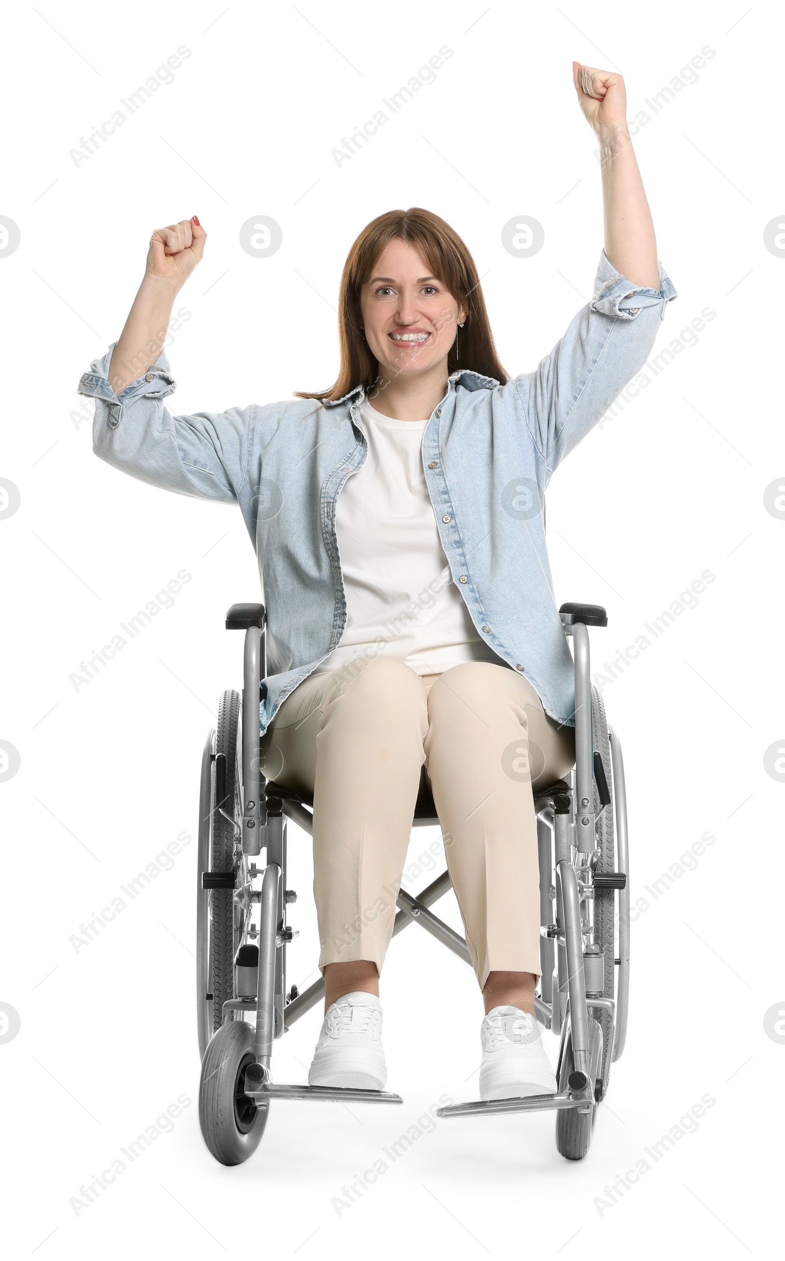 Photo of Smiling woman in wheelchair on white background