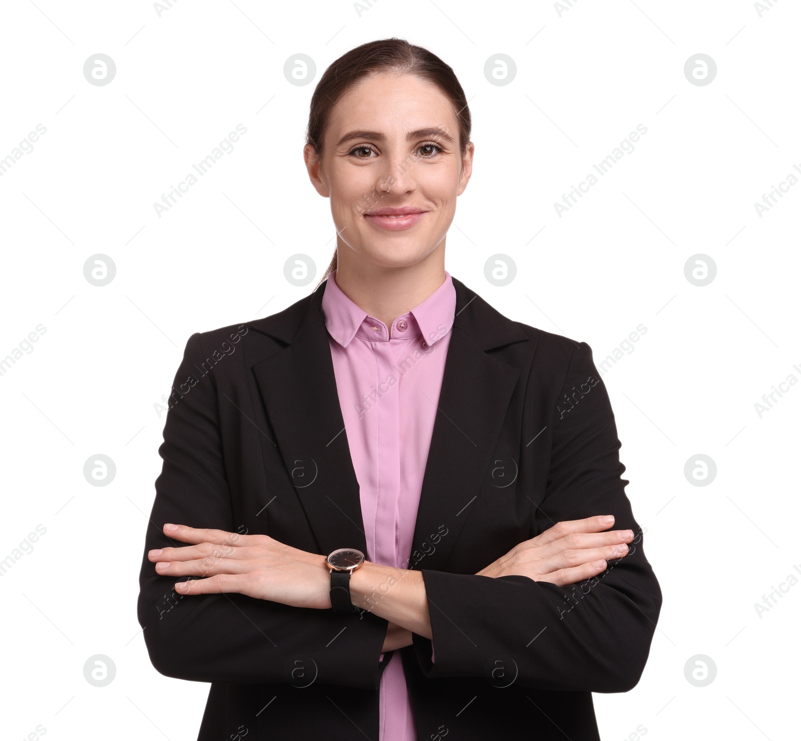 Photo of Portrait of banker with crossed arms on white background