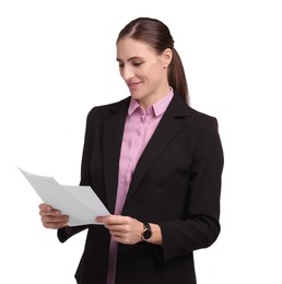 Photo of Portrait of banker with documents on white background