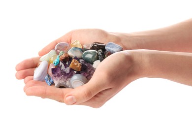 Photo of Woman holding different natural mineral stones on white background, closeup