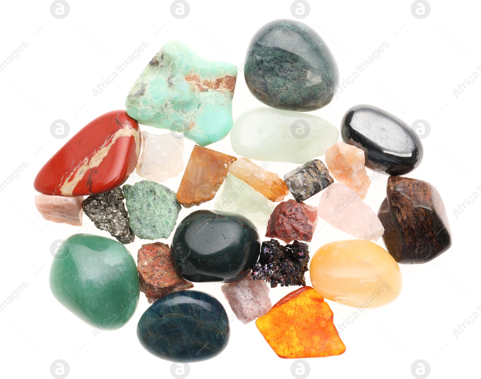 Photo of Pile of different natural mineral stones isolated on white, top view