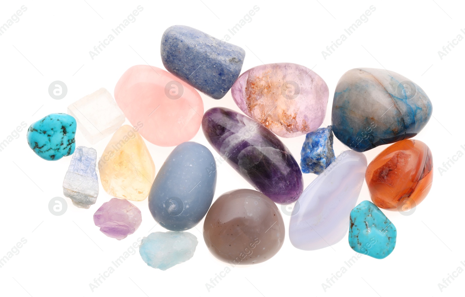 Photo of Pile of different natural mineral stones isolated on white, top view