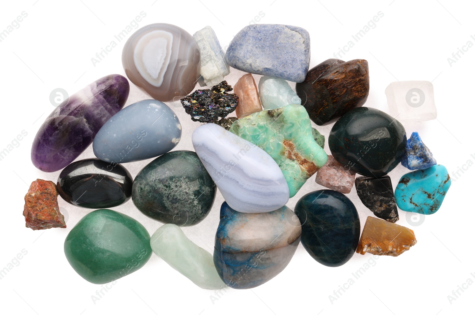 Photo of Pile of different natural mineral stones isolated on white, top view