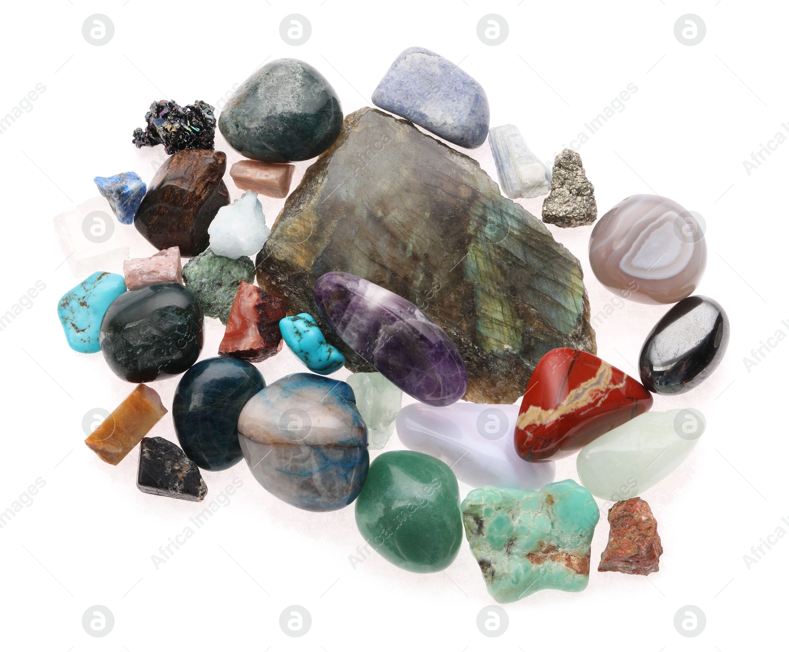 Photo of Pile of different natural mineral stones isolated on white, top view