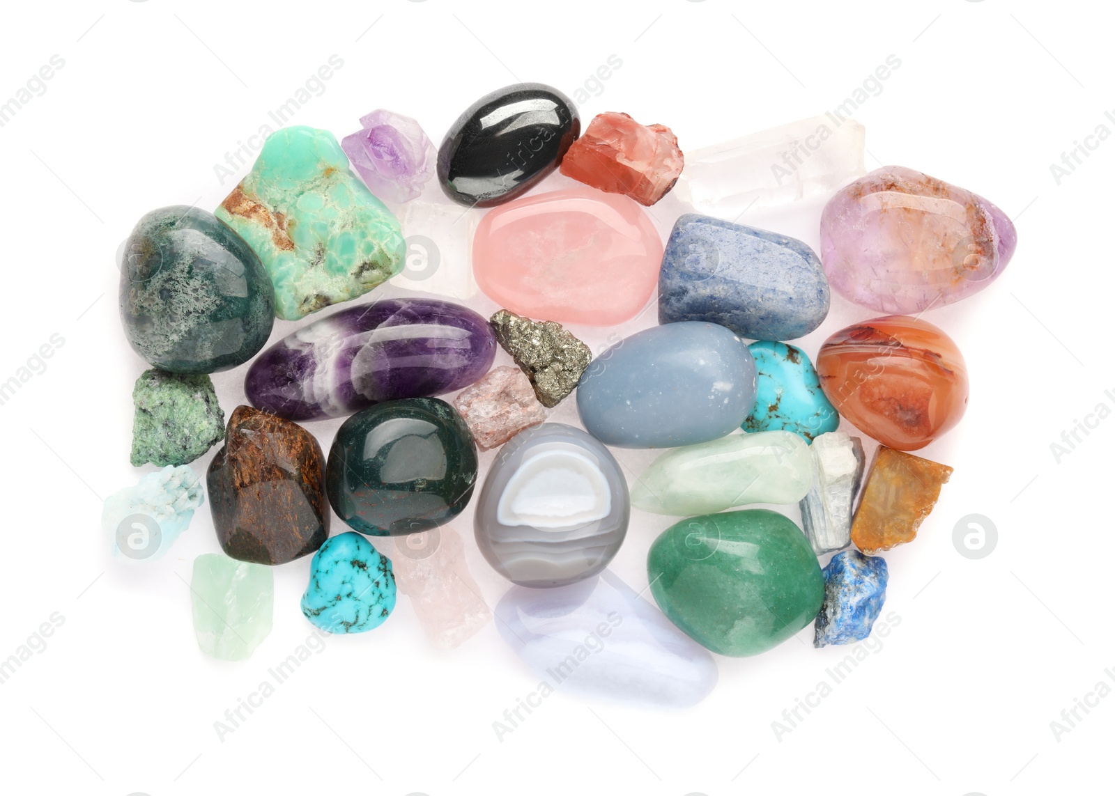 Photo of Pile of different natural mineral stones isolated on white, top view