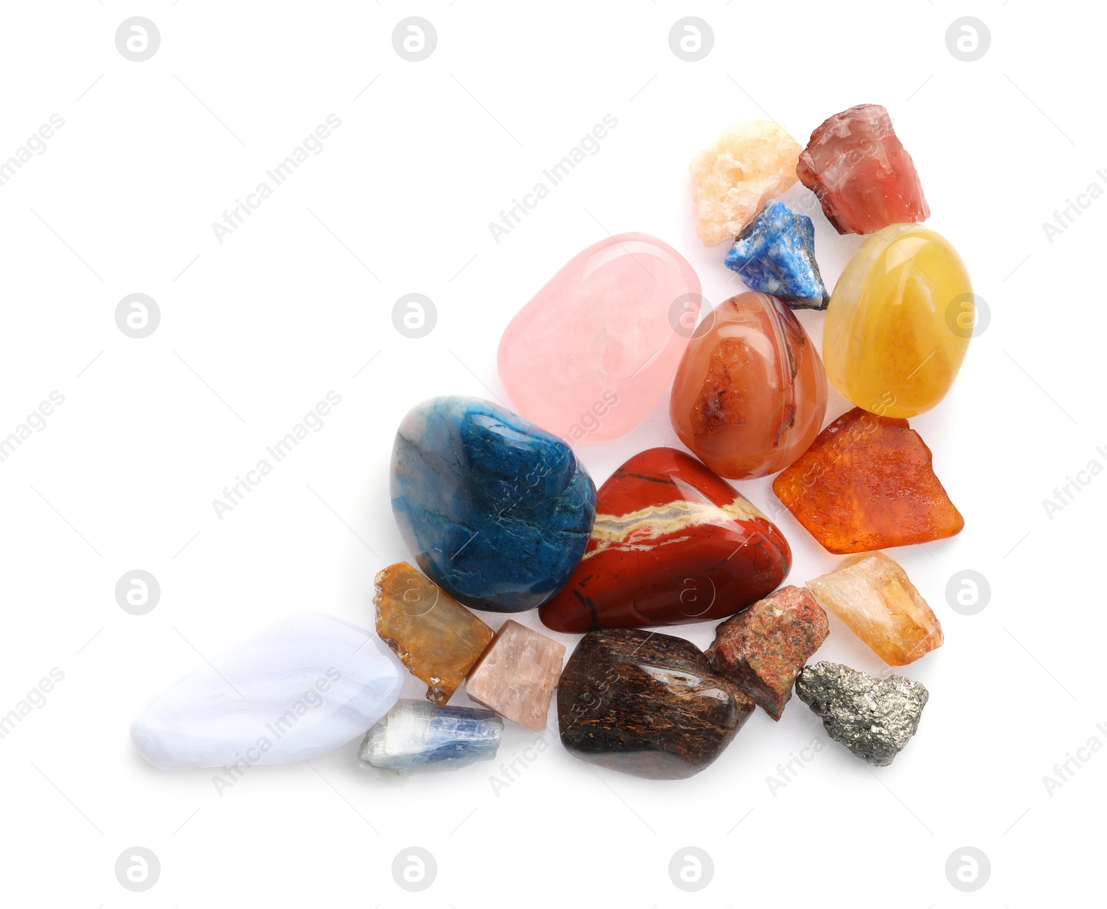 Photo of Different natural mineral stones isolated on white, top view