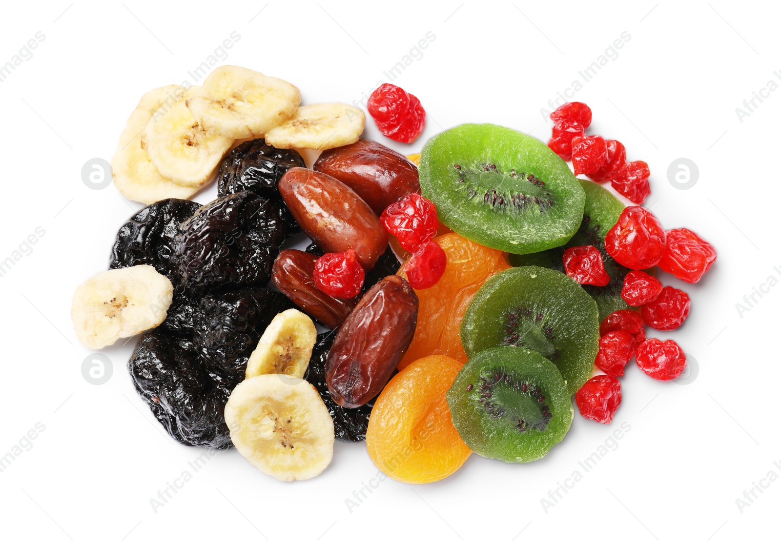 Photo of Mix of different dried fruits isolated on white, top view