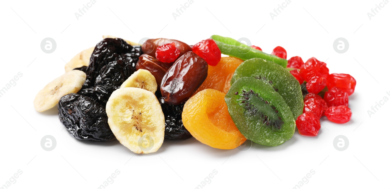 Photo of Mix of different dried fruits isolated on white