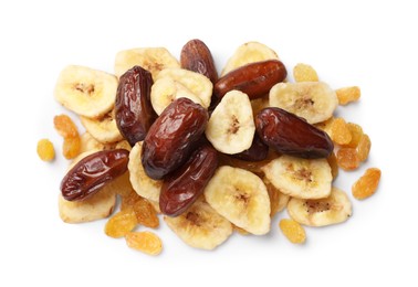 Photo of Mix of different dried fruits isolated on white, top view