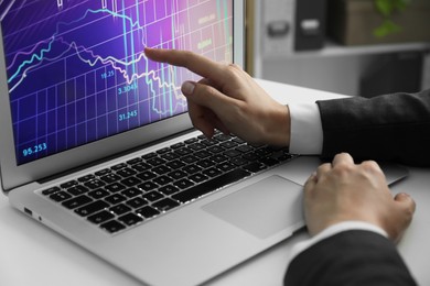 Photo of Businesswoman using laptop at white table indoors, closeup. Modern technology