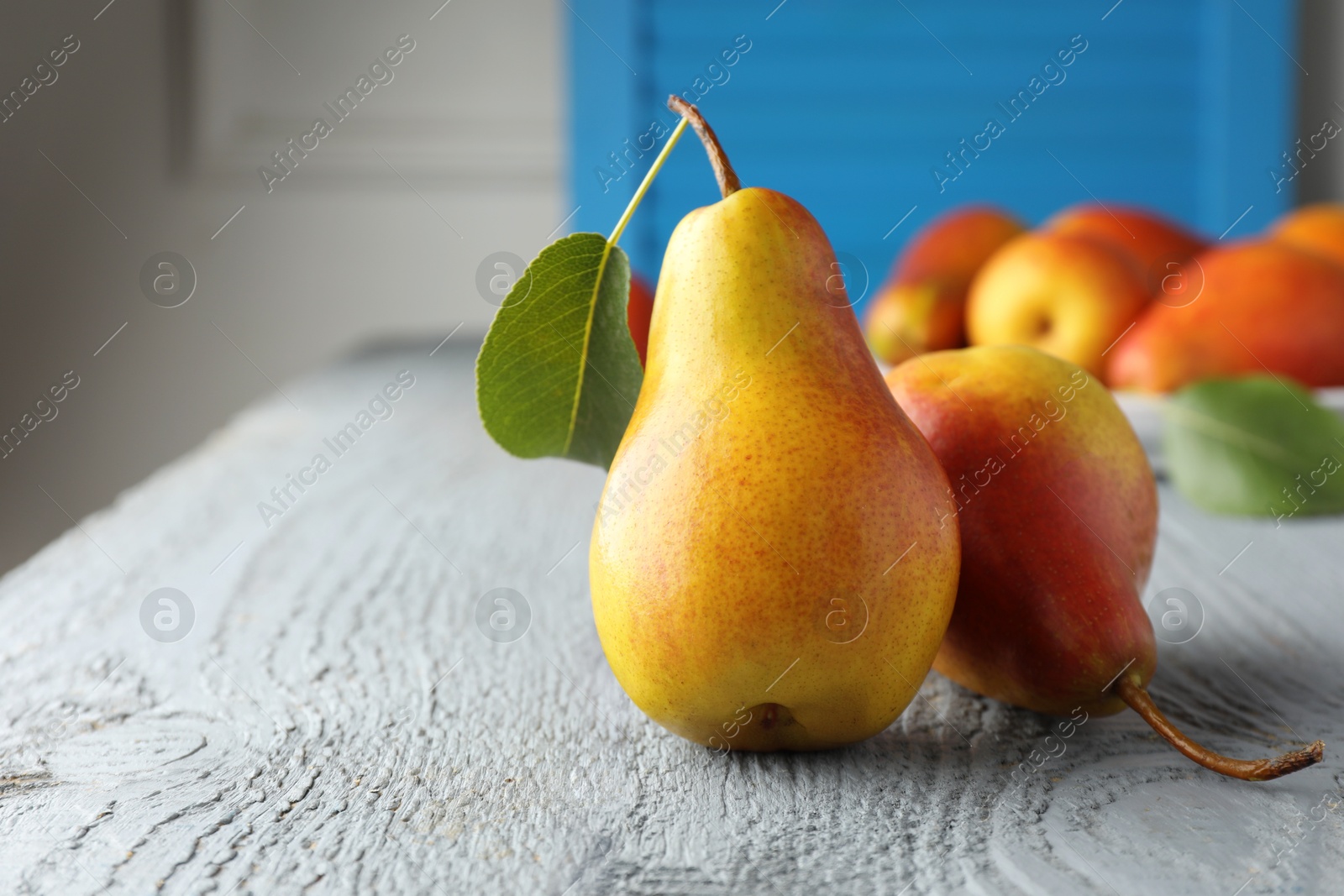 Photo of Ripe juicy pears on grey wooden table, selective focus