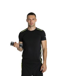 Photo of Man exercising with dumbbell on white background