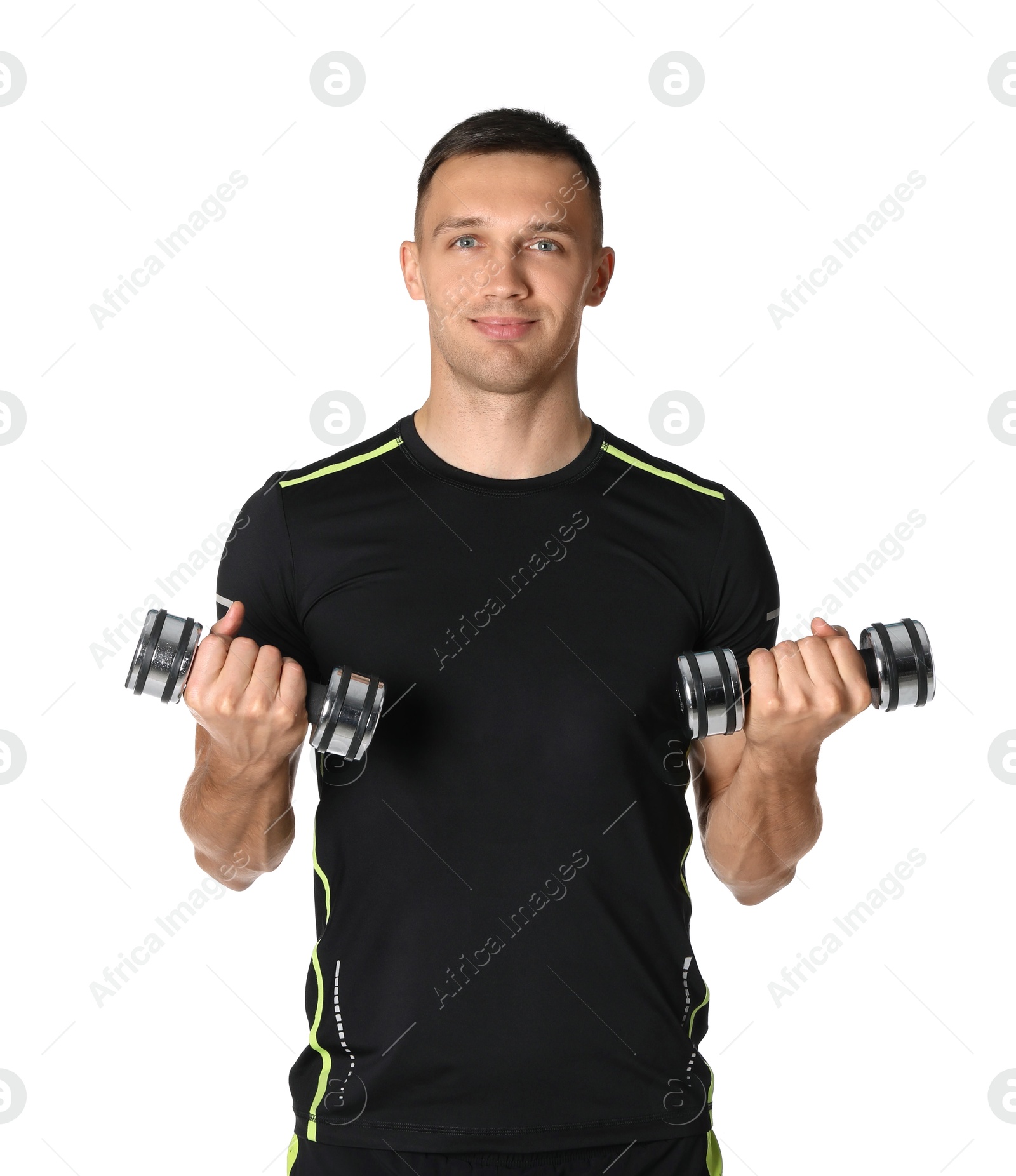 Photo of Man exercising with dumbbells on white background