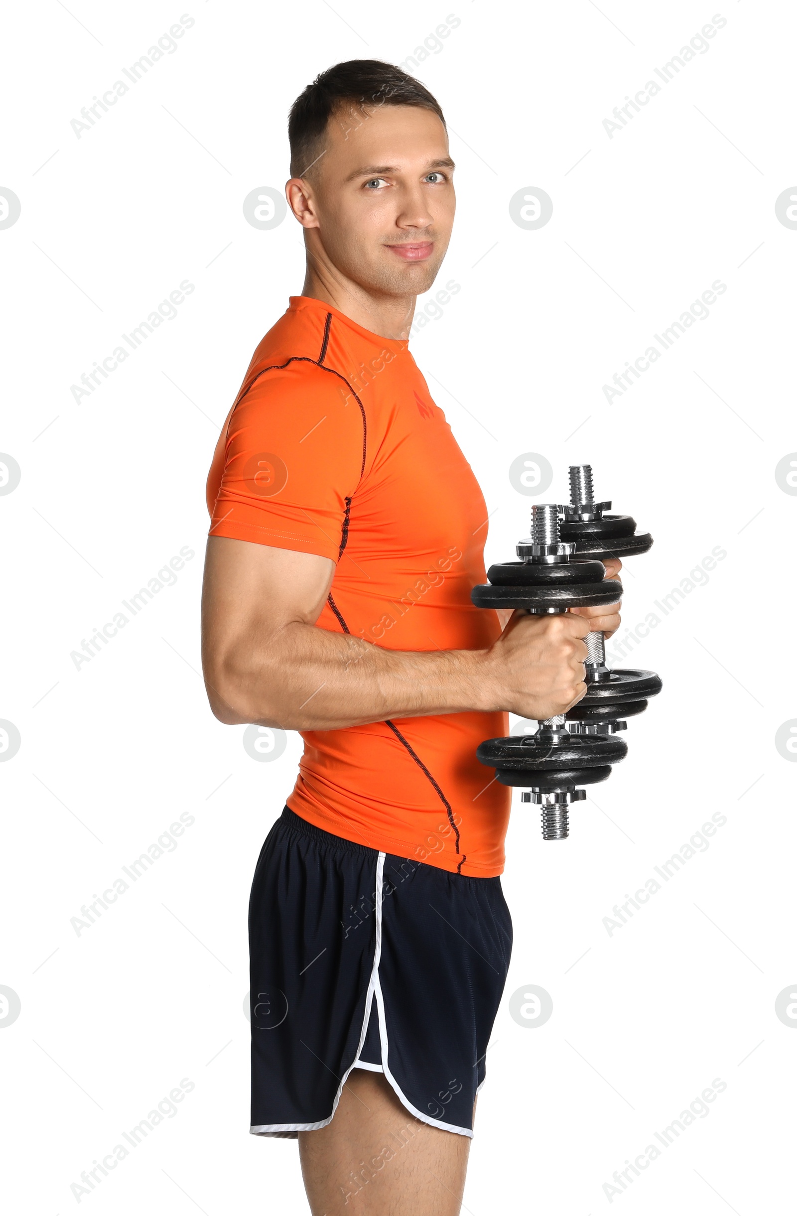 Photo of Man exercising with barbells on white background