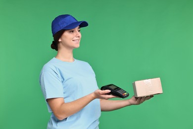 Girl in uniform with parcel and payment terminal on green background. Work for teenagers