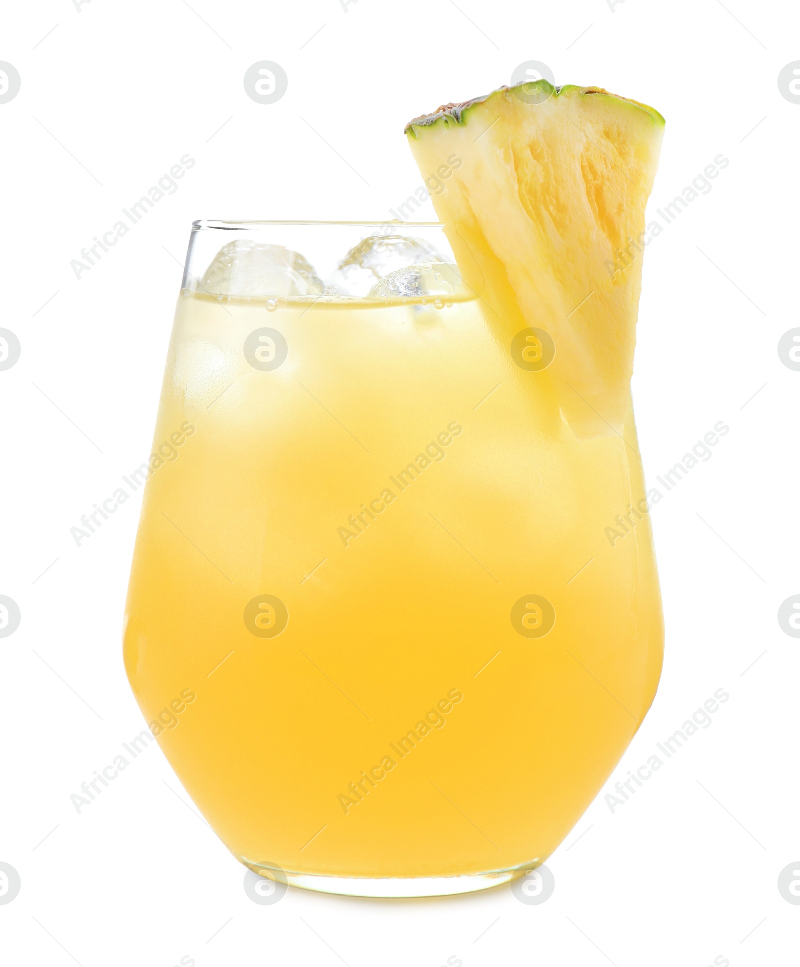 Photo of Tasty pineapple cocktail with ice cubes in glass isolated on white