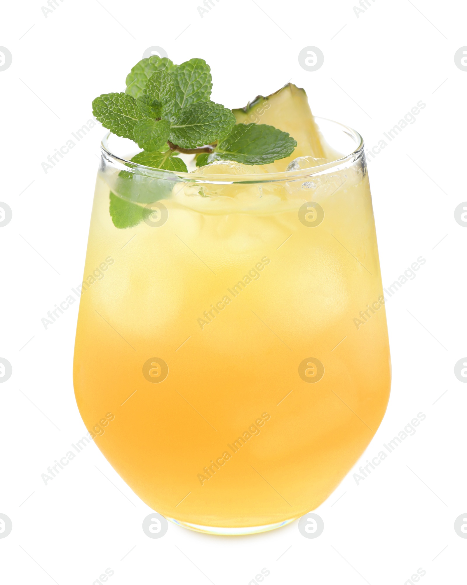 Photo of Tasty pineapple cocktail with mint in glass isolated on white