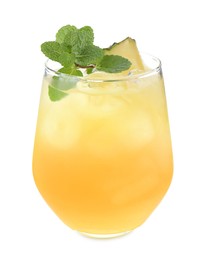 Photo of Tasty pineapple cocktail with mint in glass isolated on white