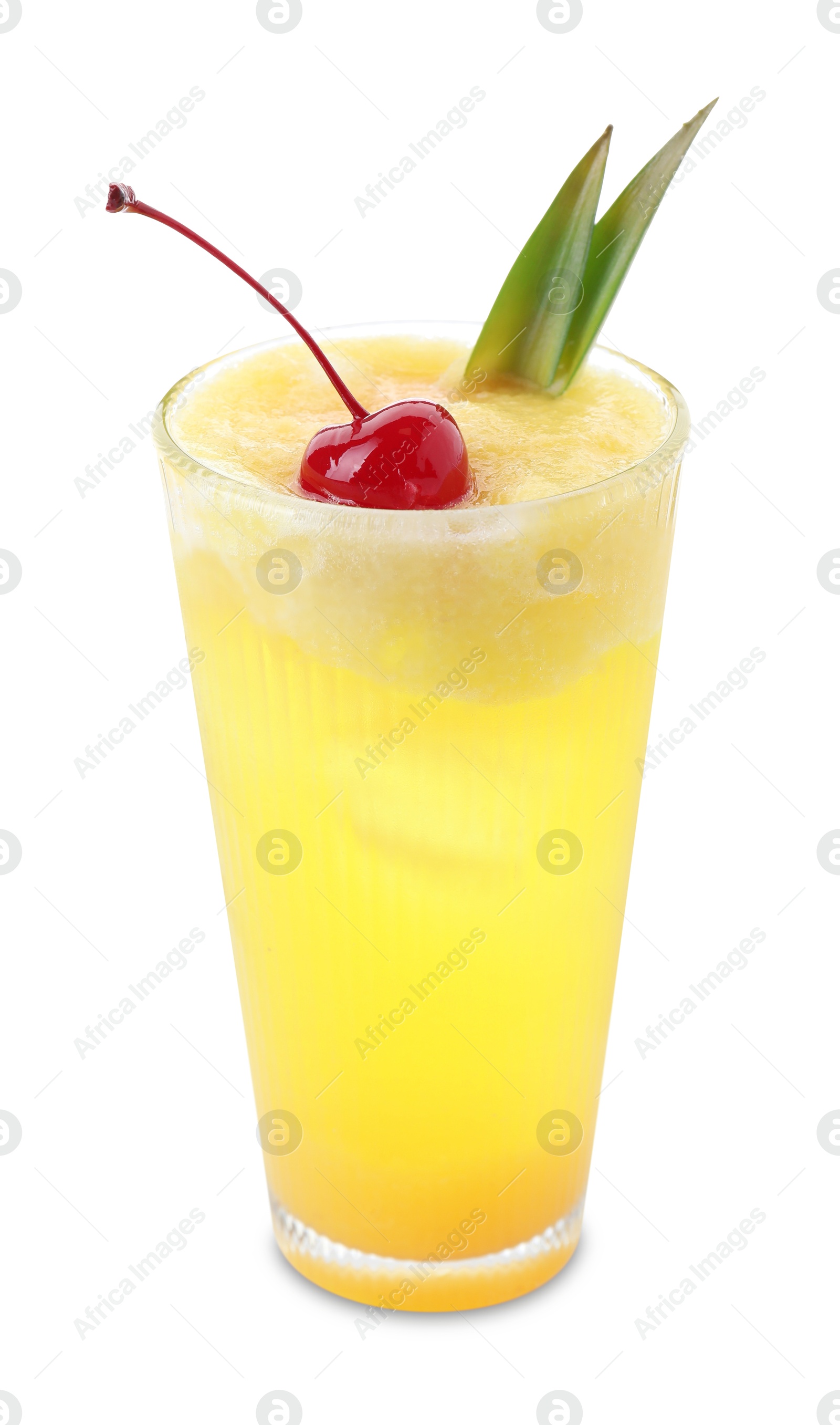 Photo of Tasty pineapple cocktail with cherry in glass isolated on white