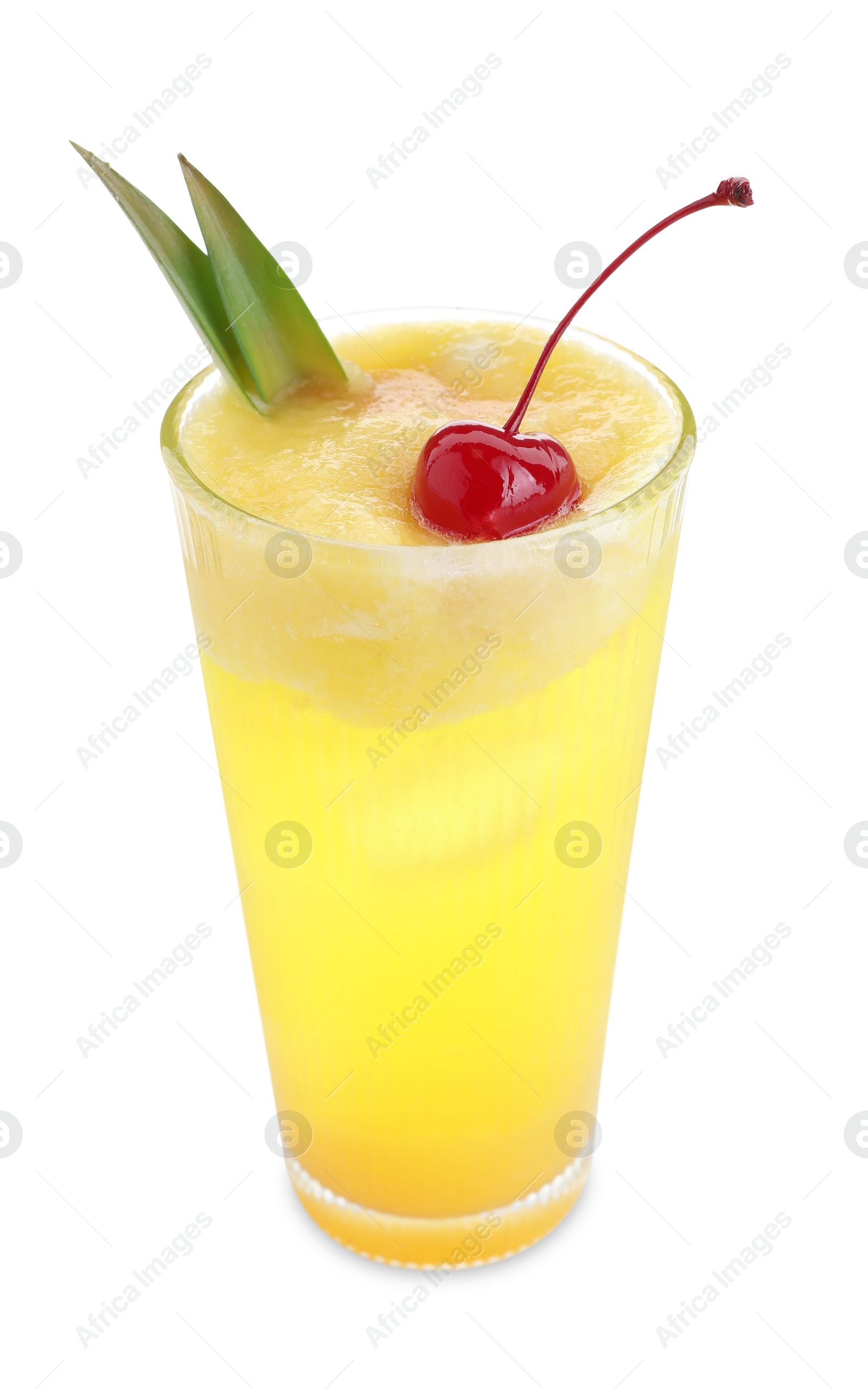 Photo of Tasty pineapple cocktail with cherry in glass isolated on white