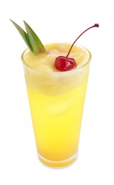 Photo of Tasty pineapple cocktail with cherry in glass isolated on white