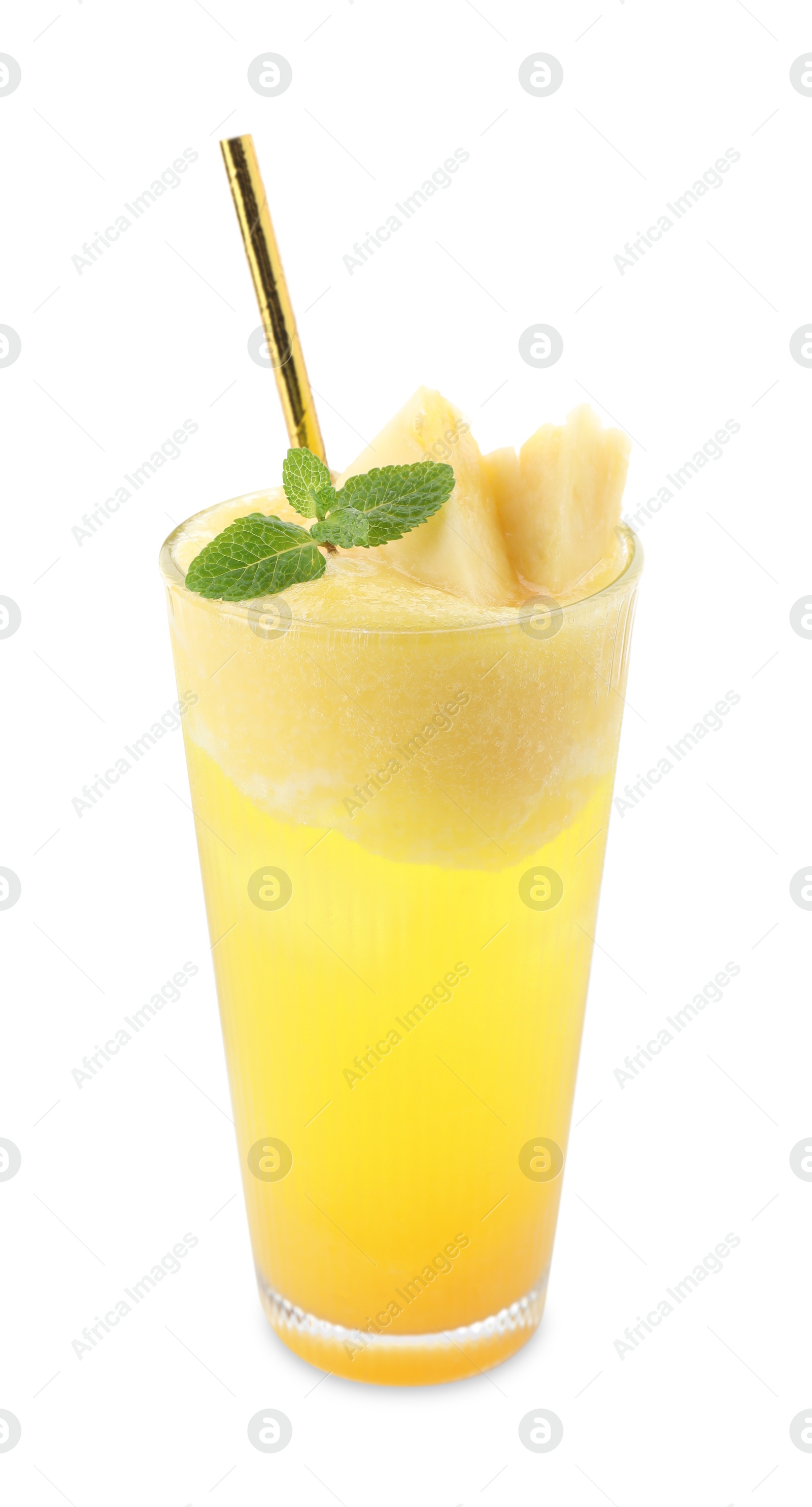 Photo of Tasty pineapple cocktail with mint in glass isolated on white