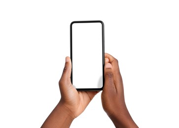 Photo of Woman with modern smartphone on white background, closeup