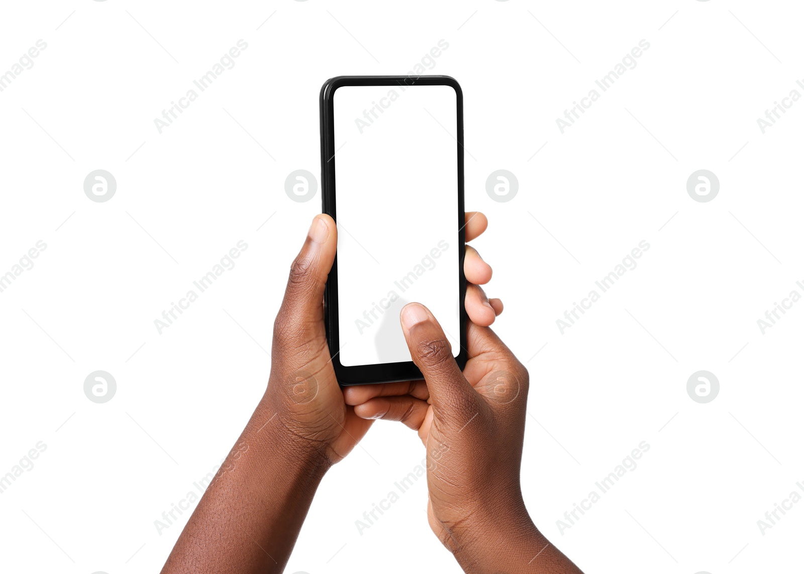 Photo of Woman with modern smartphone on white background, closeup