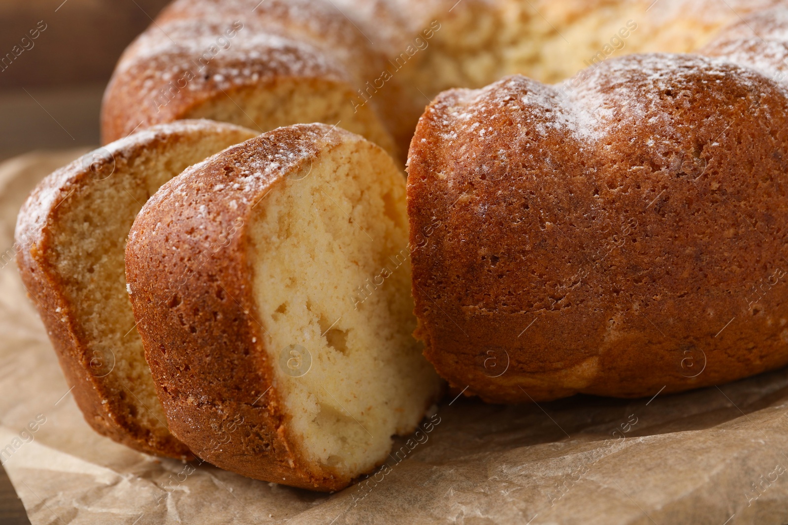 Photo of Freshly baked sponge cake on table, closeup