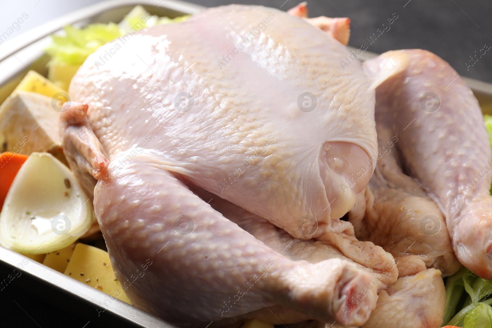 Photo of Raw turkey and vegetables in baking dish on grey table, closeup