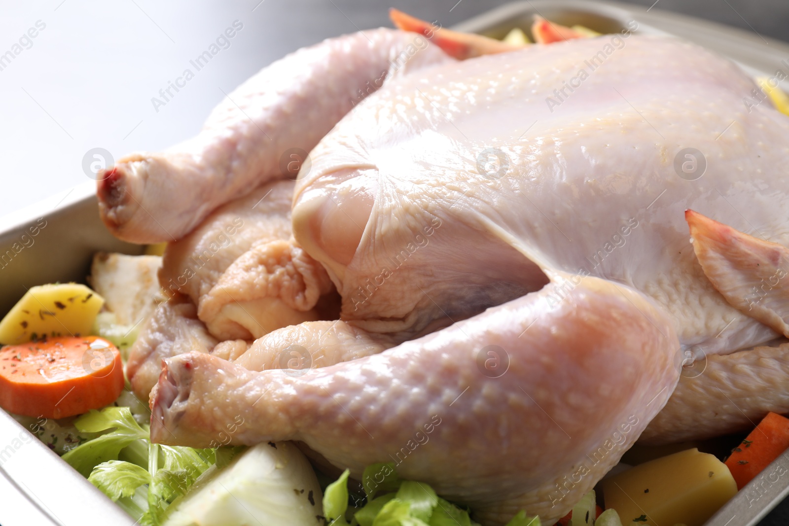 Photo of Raw turkey and vegetables in baking dish on grey table, closeup