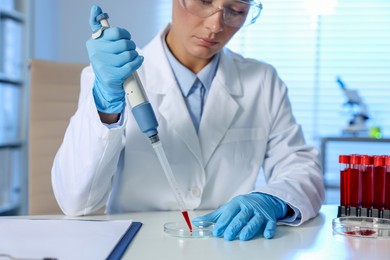 Laboratory testing. Doctor dripping blood sample into Petri dish at table indoors, closeup