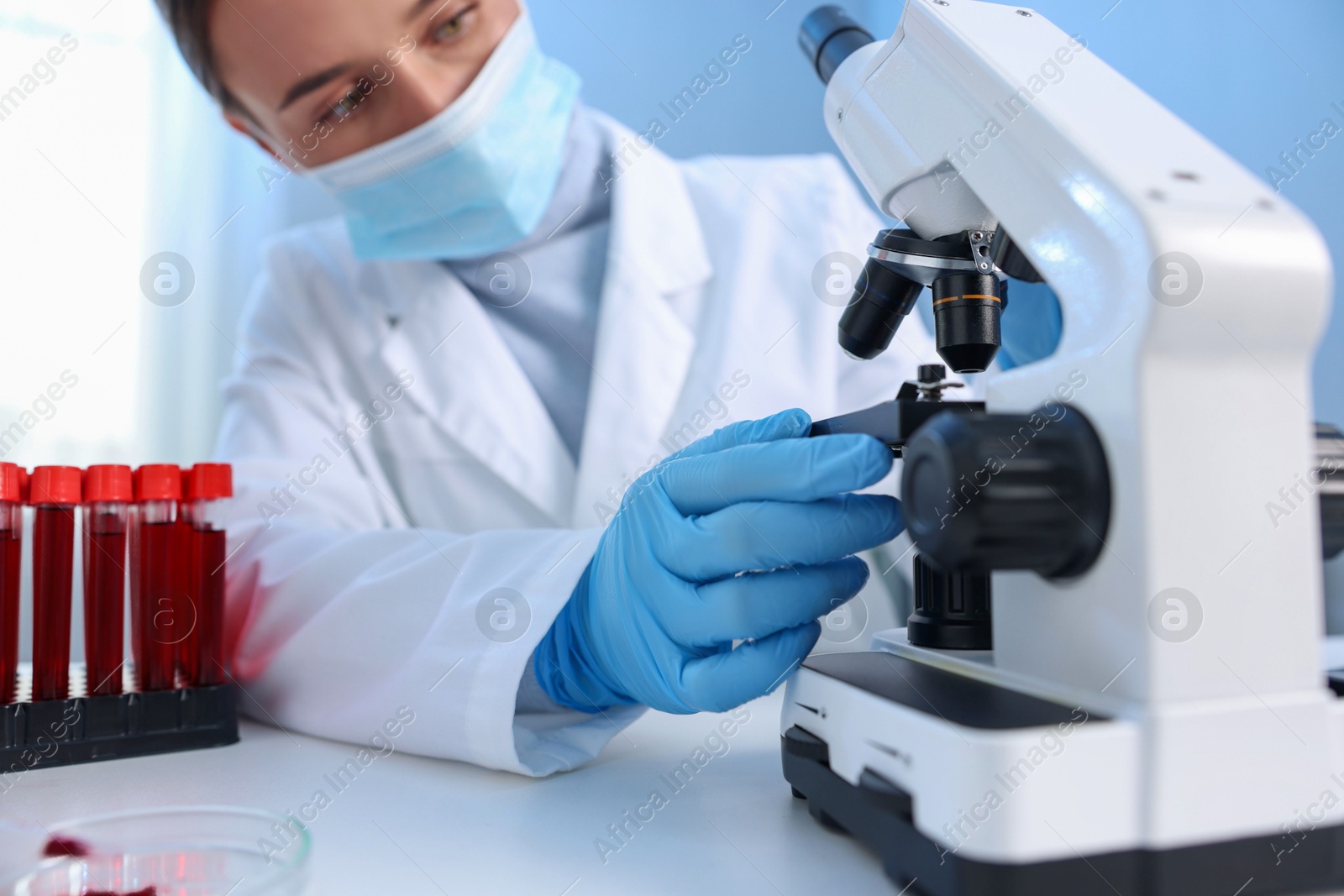 Photo of Laboratory testing. Doctor working with microscope at table indoors