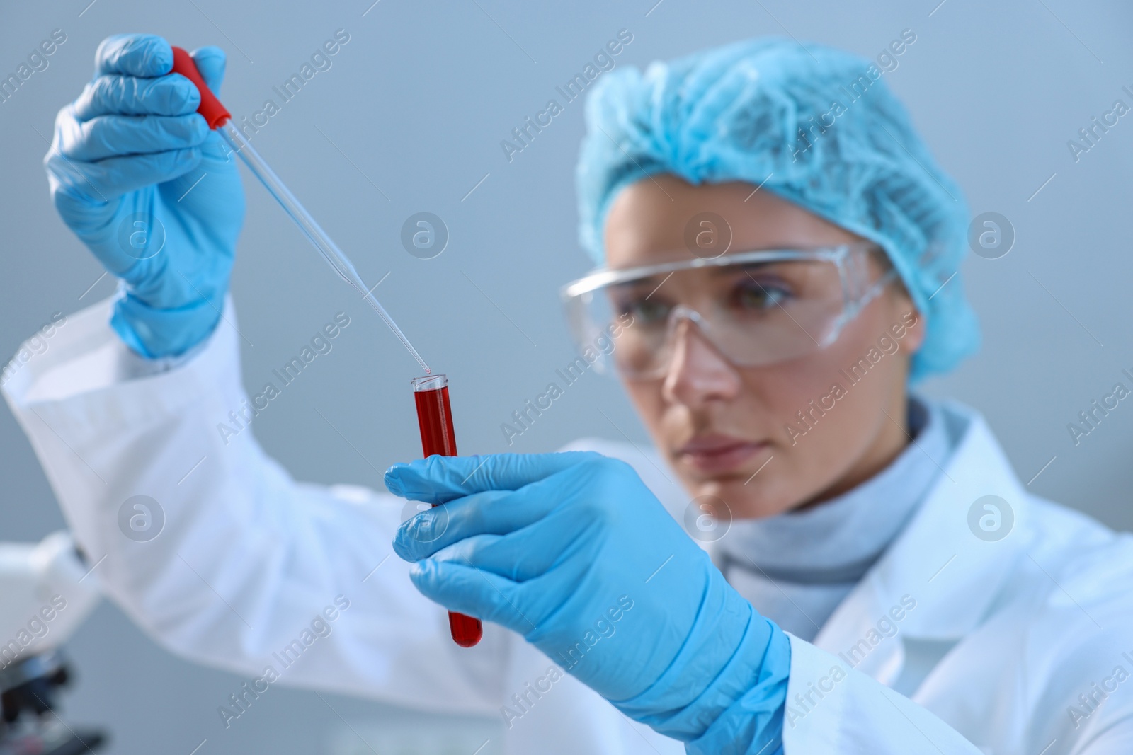 Photo of Laboratory testing. Doctor dripping blood sample into test tube indoors, selective focus