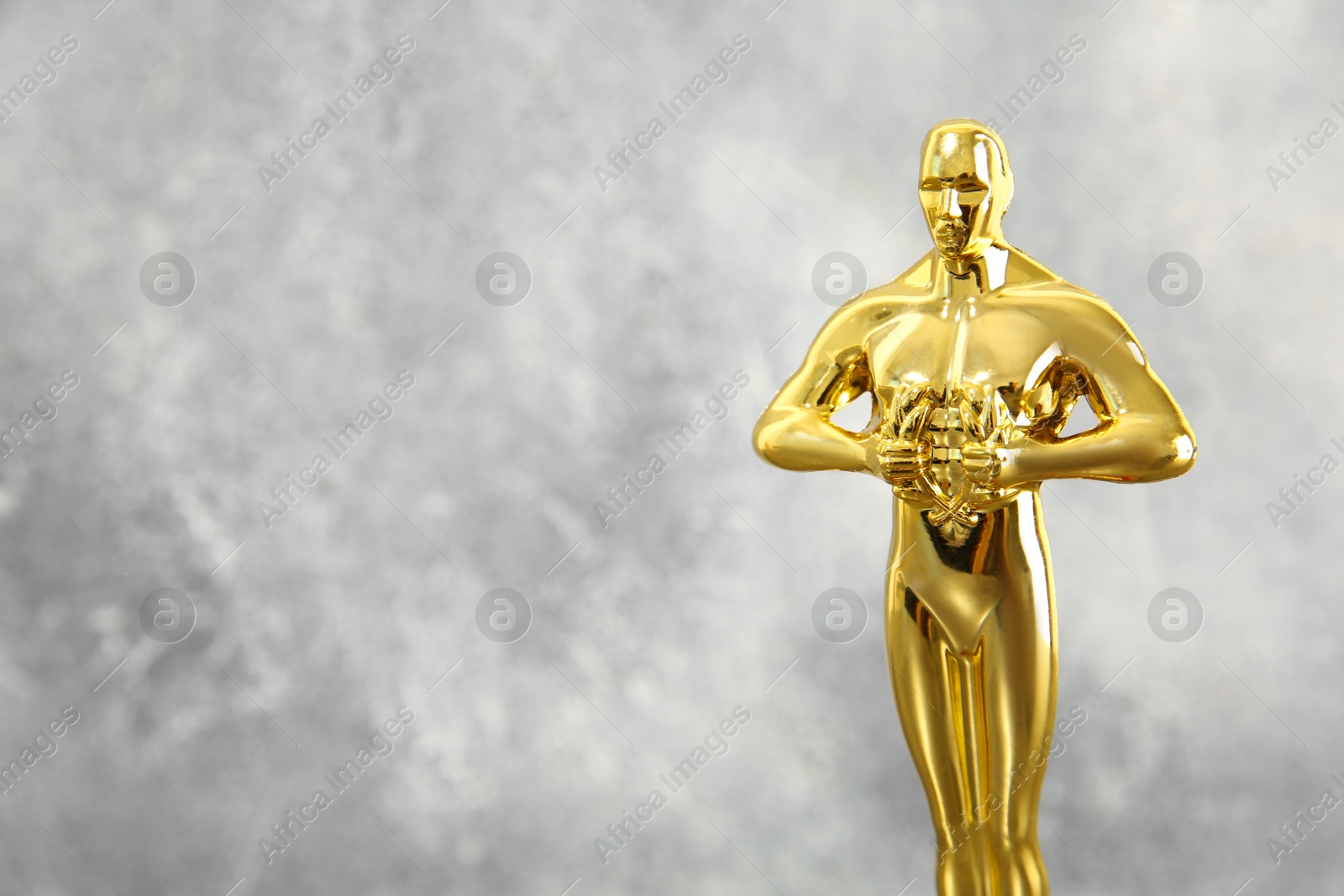 Photo of Golden trophy in shape of human figure against blurred gray background, space for text