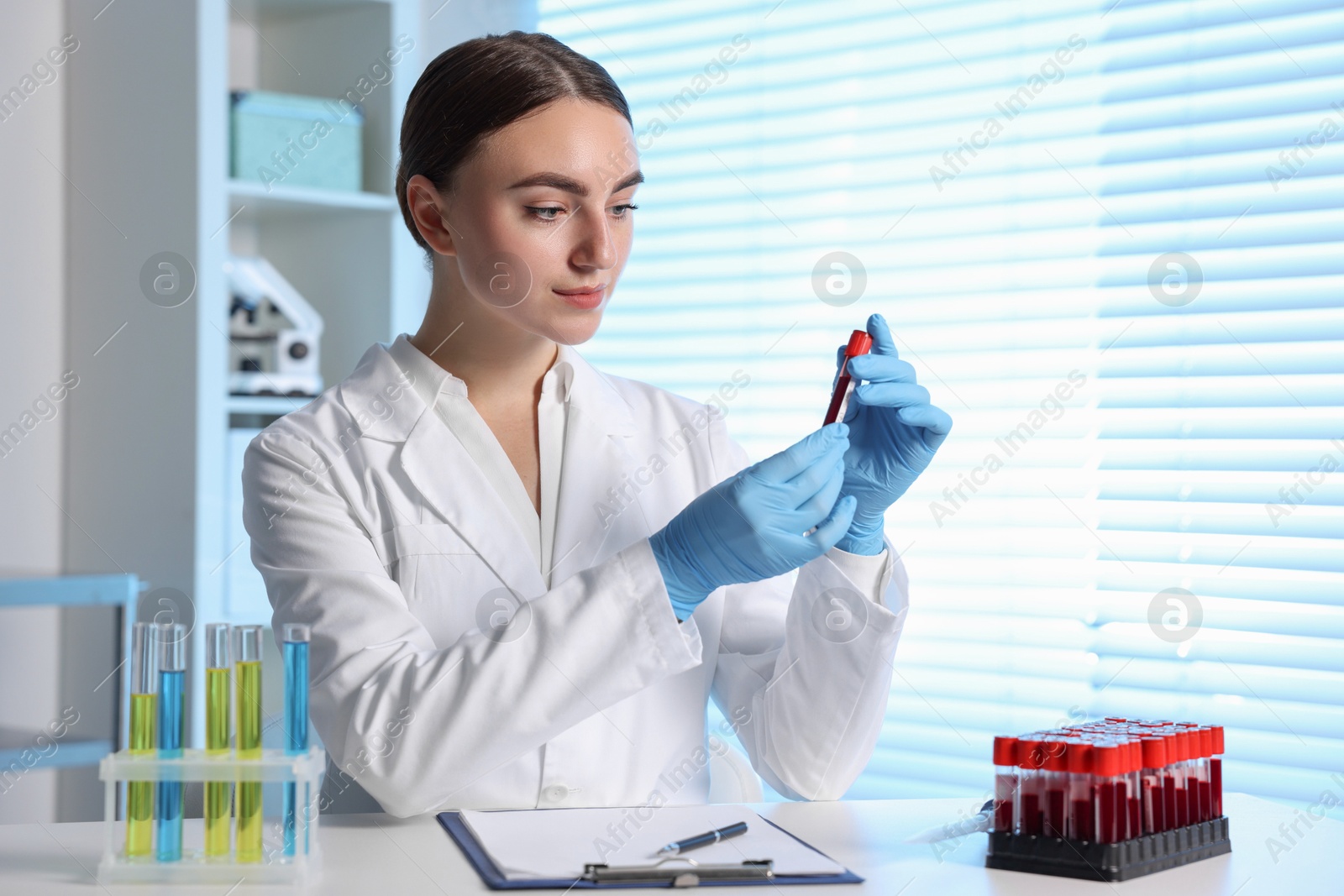 Photo of Laboratory testing. Doctor holding test tube with blood sample at table indoors