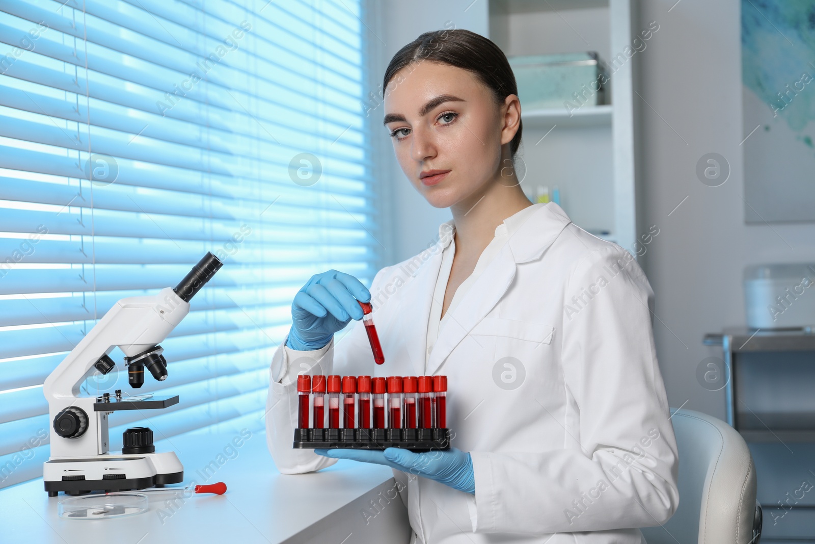 Photo of Laboratory testing. Doctor taking test tube with blood sample from rack indoors