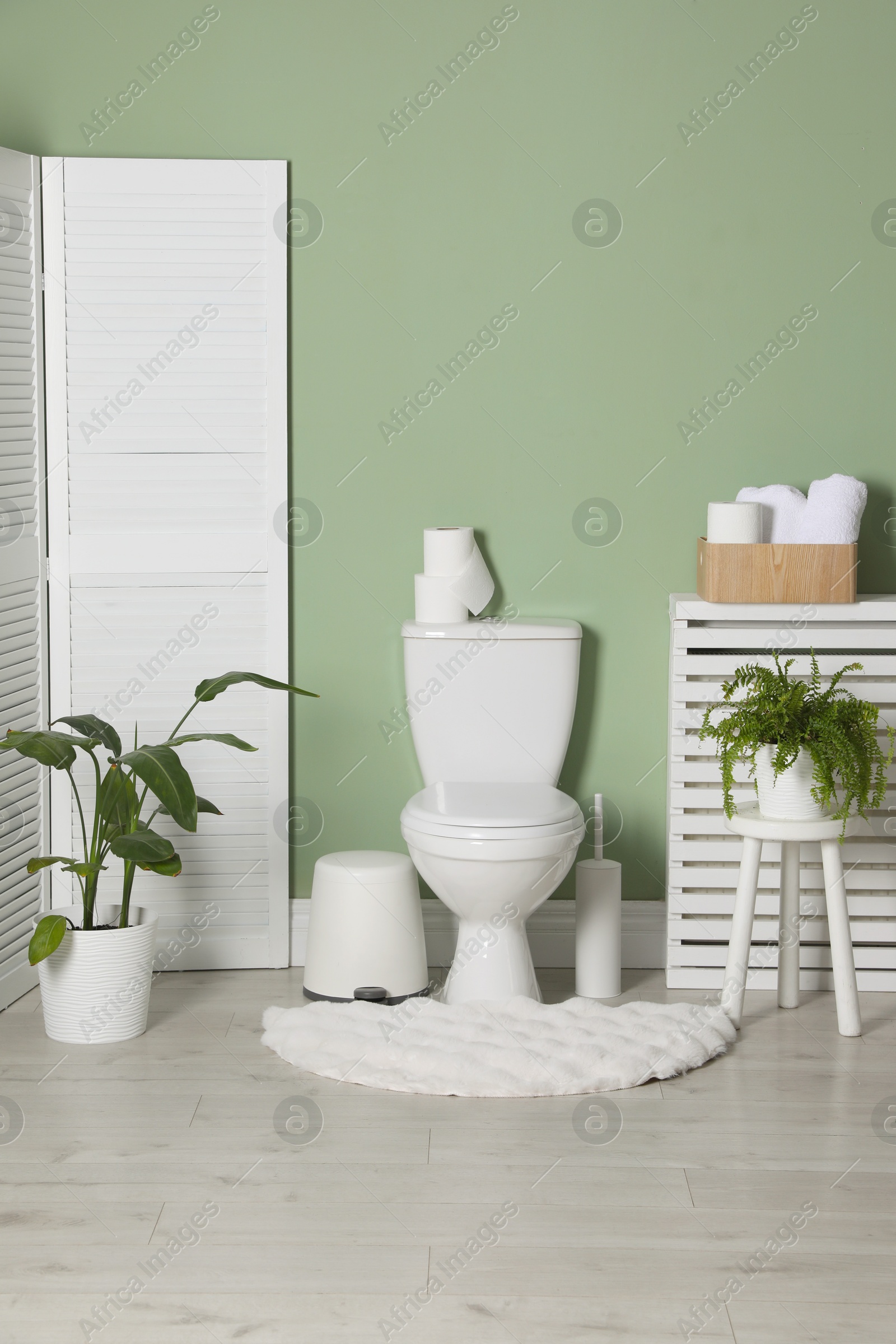 Photo of Folding screen, toilet bowl and houseplants in restroom