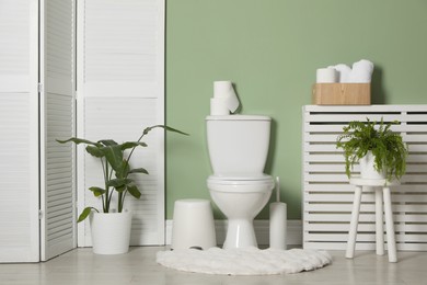 Photo of Folding screen, toilet bowl and houseplants in restroom