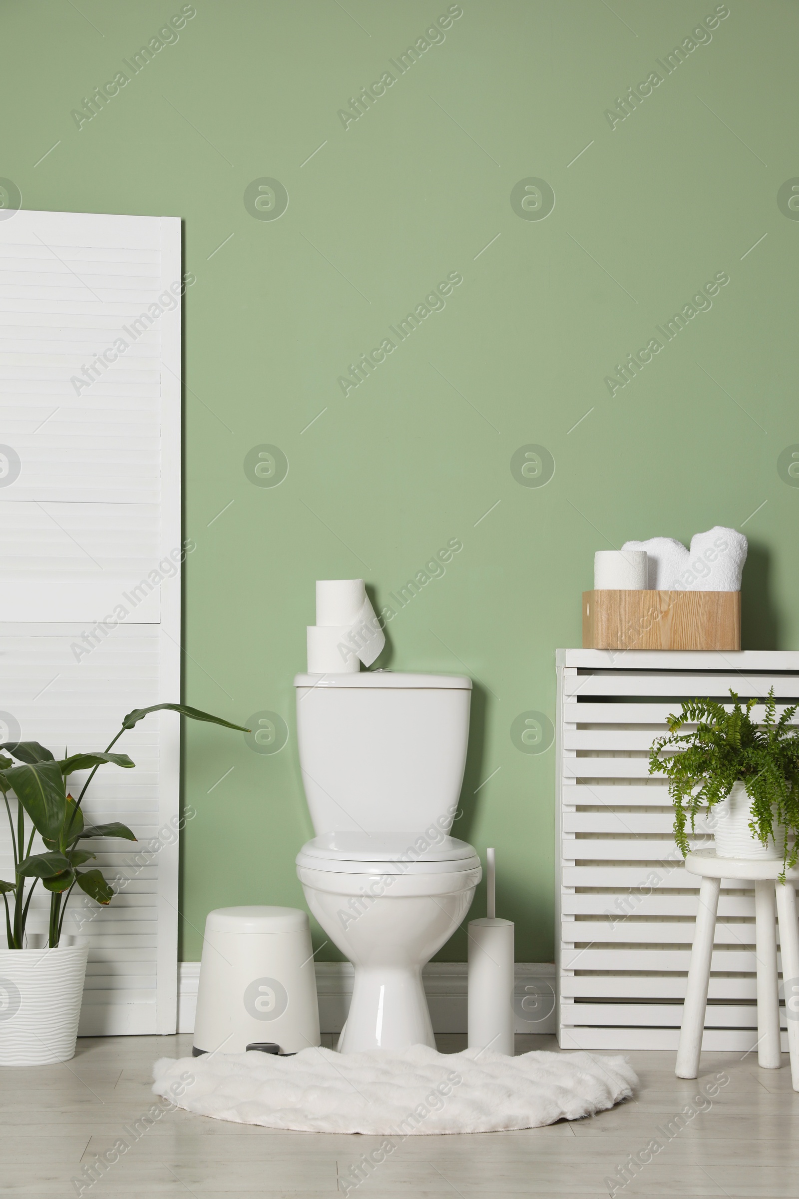 Photo of Folding screen, toilet bowl and houseplants in restroom