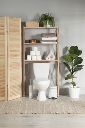 Photo of Folding screen, toilet bowl and houseplants in restroom