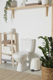 Photo of Ceramic toilet bowl, necessities and houseplants in restroom