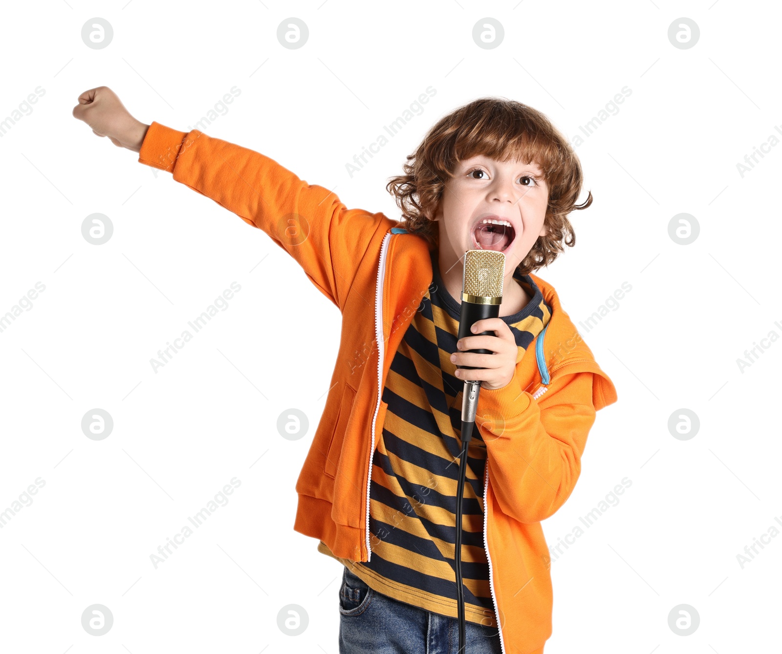 Photo of Little boy with microphone singing on white background